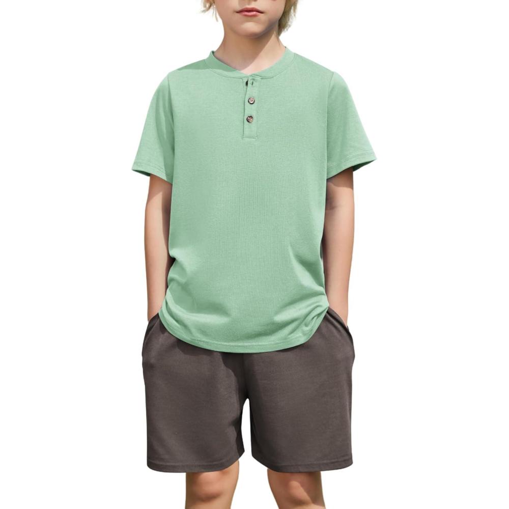 image:imageArshiner Boys Summer Clothing Sets 3button Short Sleeve Tee and Shorts Casual Outfits for 512 YearsLight Green  Dark Grey