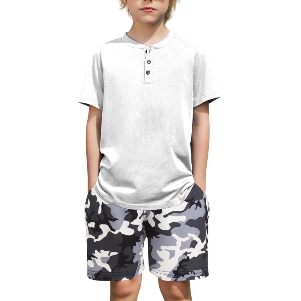 image:imageArshiner Boys Summer Clothing Sets 3button Short Sleeve Tee and Shorts Casual Outfits for 512 YearsWhite Camo
