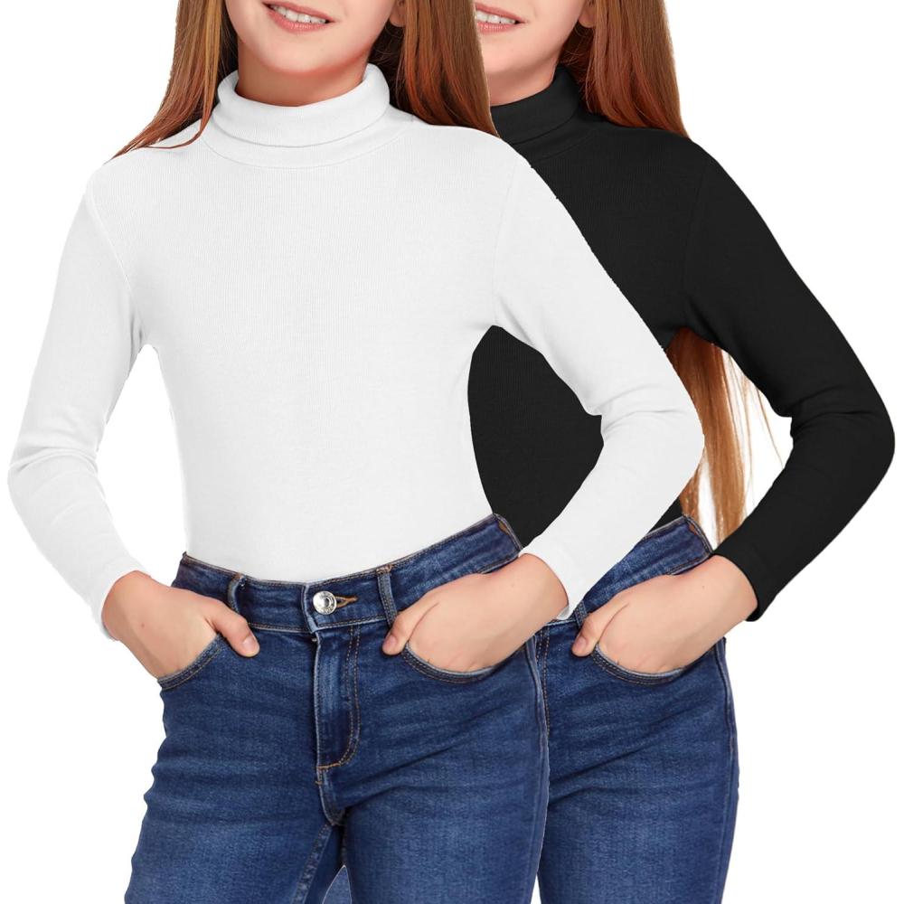 image:imageArshiner Girls 2 Pack Turtleneck Long Sleeve Shirts Ribbed Base Layer Top Slim Fit Pullover Blouse TeeBlackWhite