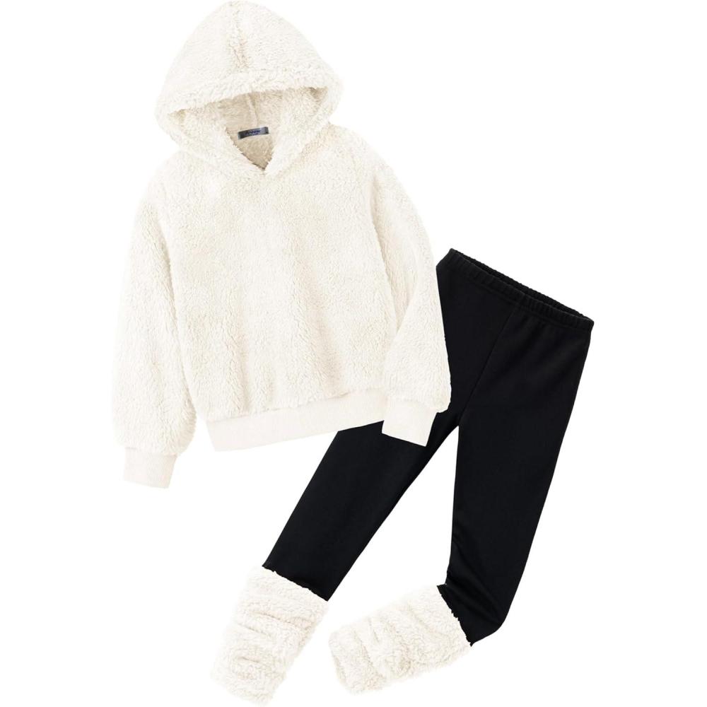 image:imageArshiner Girls 2 Piece Outfits Fuzzy Long Sleeve Hoodie Sweatshirts and Patchwork Legging Pants Casual Clothing SetsGraphic Print