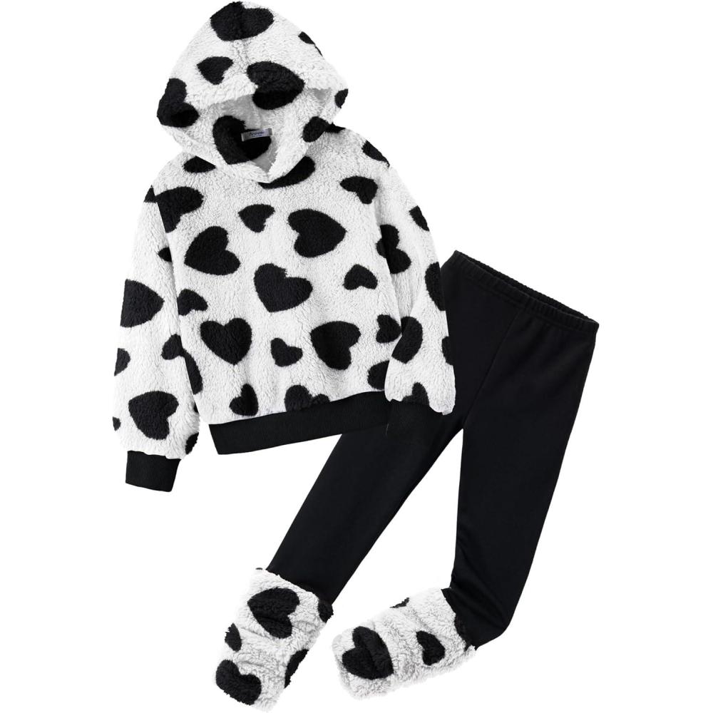 image:imageArshiner Girls 2 Piece Outfits Fuzzy Long Sleeve Hoodie Sweatshirts and Patchwork Legging Pants Casual Clothing SetsWhiteblack