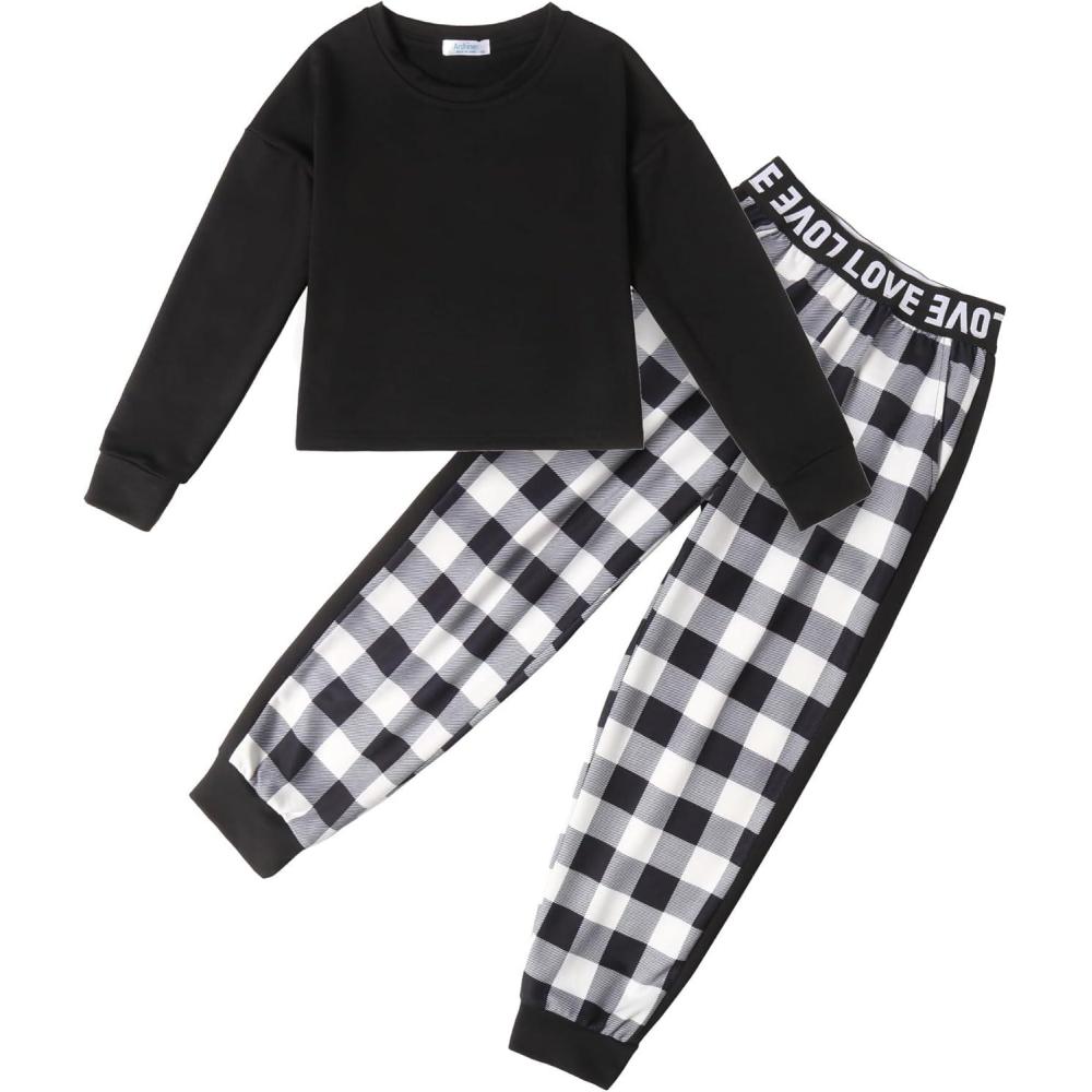 image:imageArshiner Girls 2 Piece Outfits Long Sleeve Crop Tops and Lounge Pants with Pockets Kids Tracksuit Clothing SetsBlack Plaid