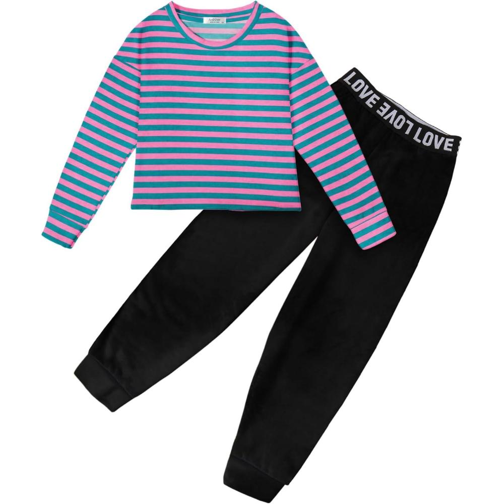 image:imageArshiner Girls 2 Piece Outfits Long Sleeve Crop Tops and Lounge Pants with Pockets Kids Tracksuit Clothing SetsPink Blue Stripe