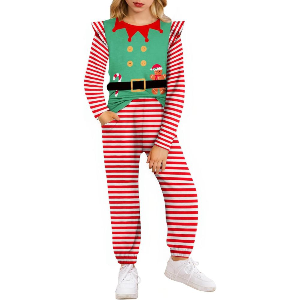 image:imageArshiner Girls 2 Piece Outfits Long Sleeve Ruffled Tops and Pants with Pockets Clothing Set for 614YGreen Red Stripe