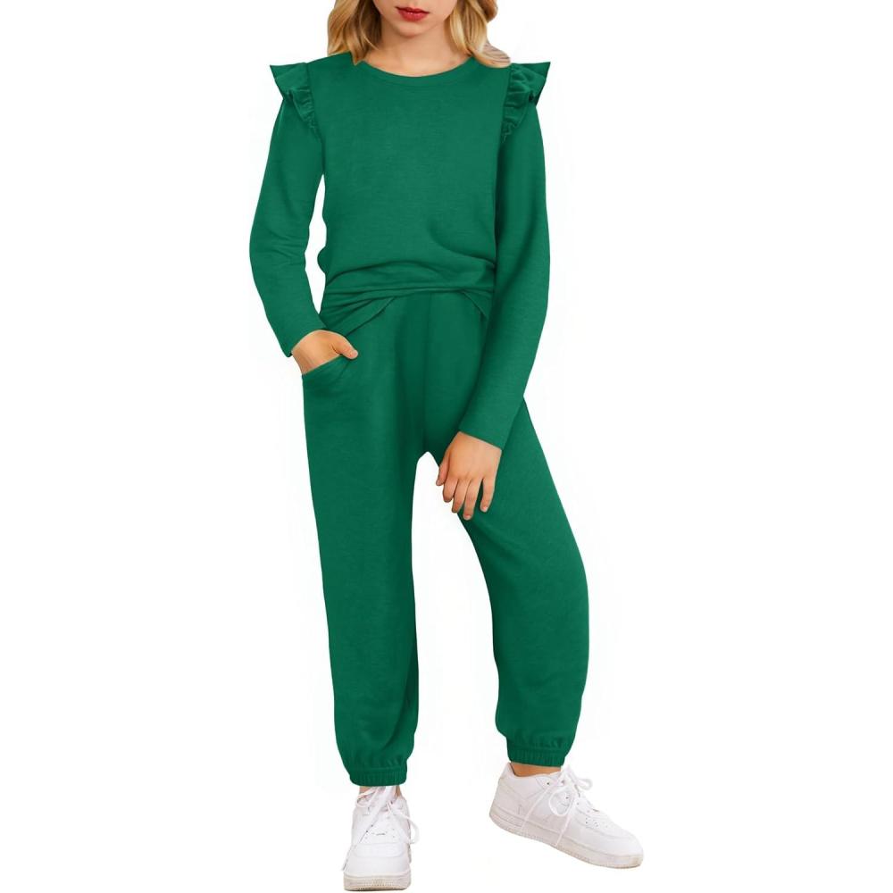 image:imageArshiner Girls 2 Piece Outfits Long Sleeve Ruffled Tops and Pants with Pockets Clothing Set for 614YGreen