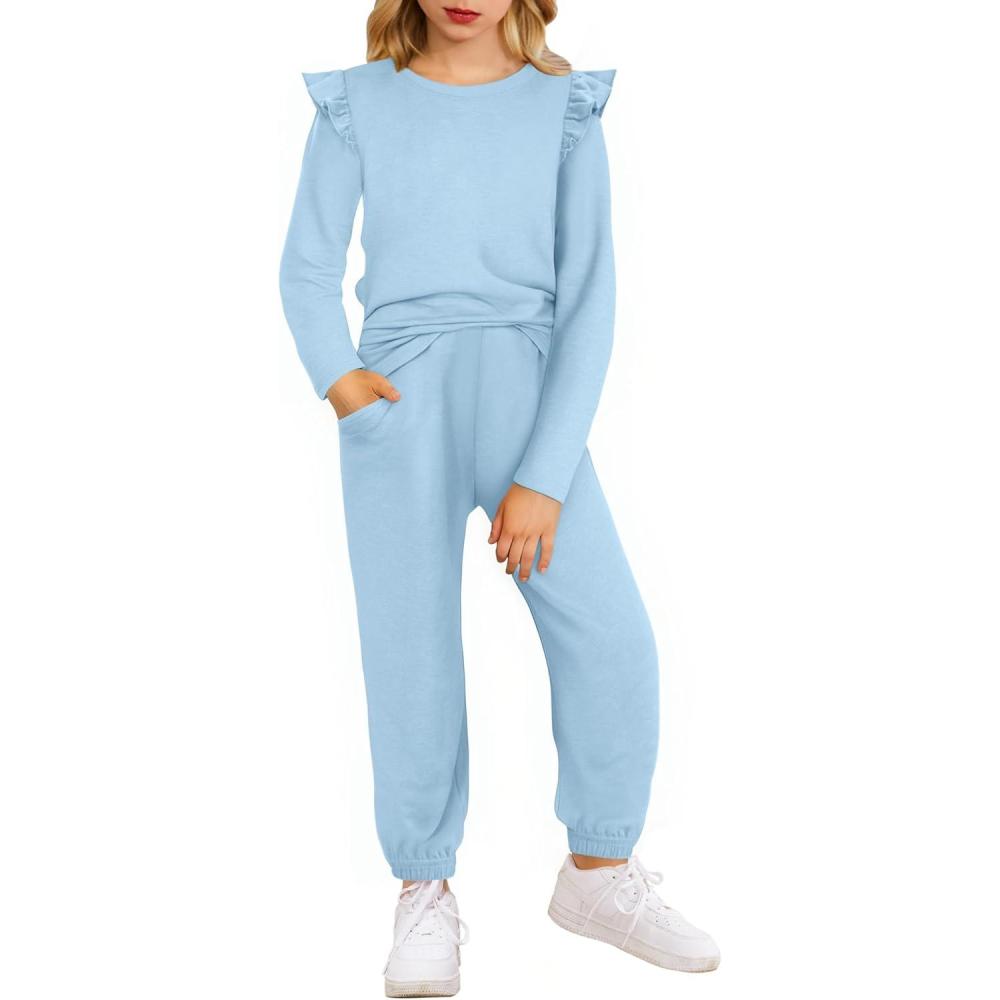 image:imageArshiner Girls 2 Piece Outfits Long Sleeve Ruffled Tops and Pants with Pockets Clothing Set for 614YLight Blue