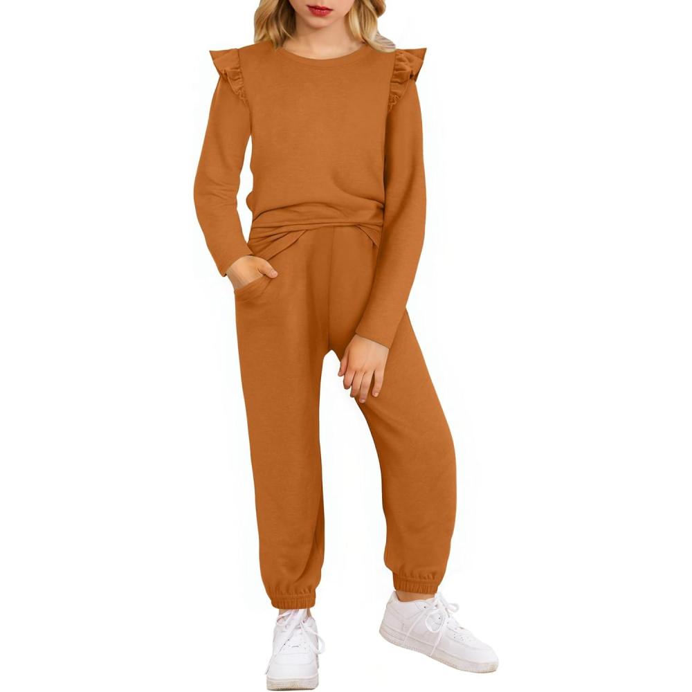 image:imageArshiner Girls 2 Piece Outfits Long Sleeve Ruffled Tops and Pants with Pockets Clothing Set for 614YLight Brown