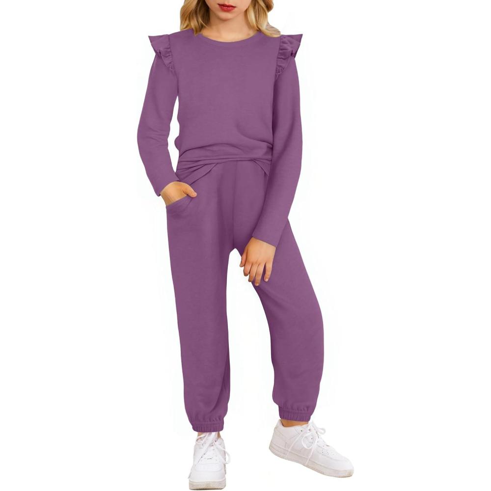 image:imageArshiner Girls 2 Piece Outfits Long Sleeve Ruffled Tops and Pants with Pockets Clothing Set for 614YPale Lilac