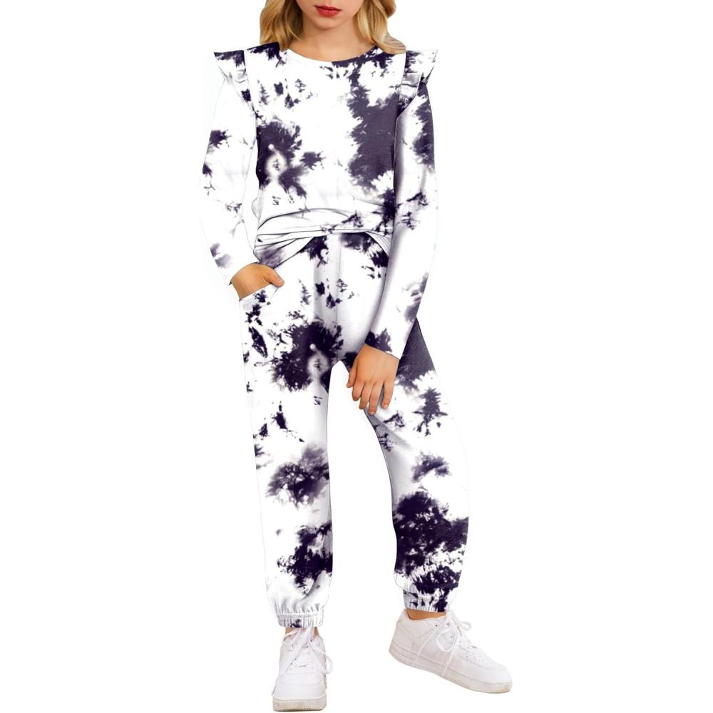 image:imageArshiner Girls 2 Piece Outfits Long Sleeve Ruffled Tops and Pants with Pockets Clothing Set for 614YTie Dye