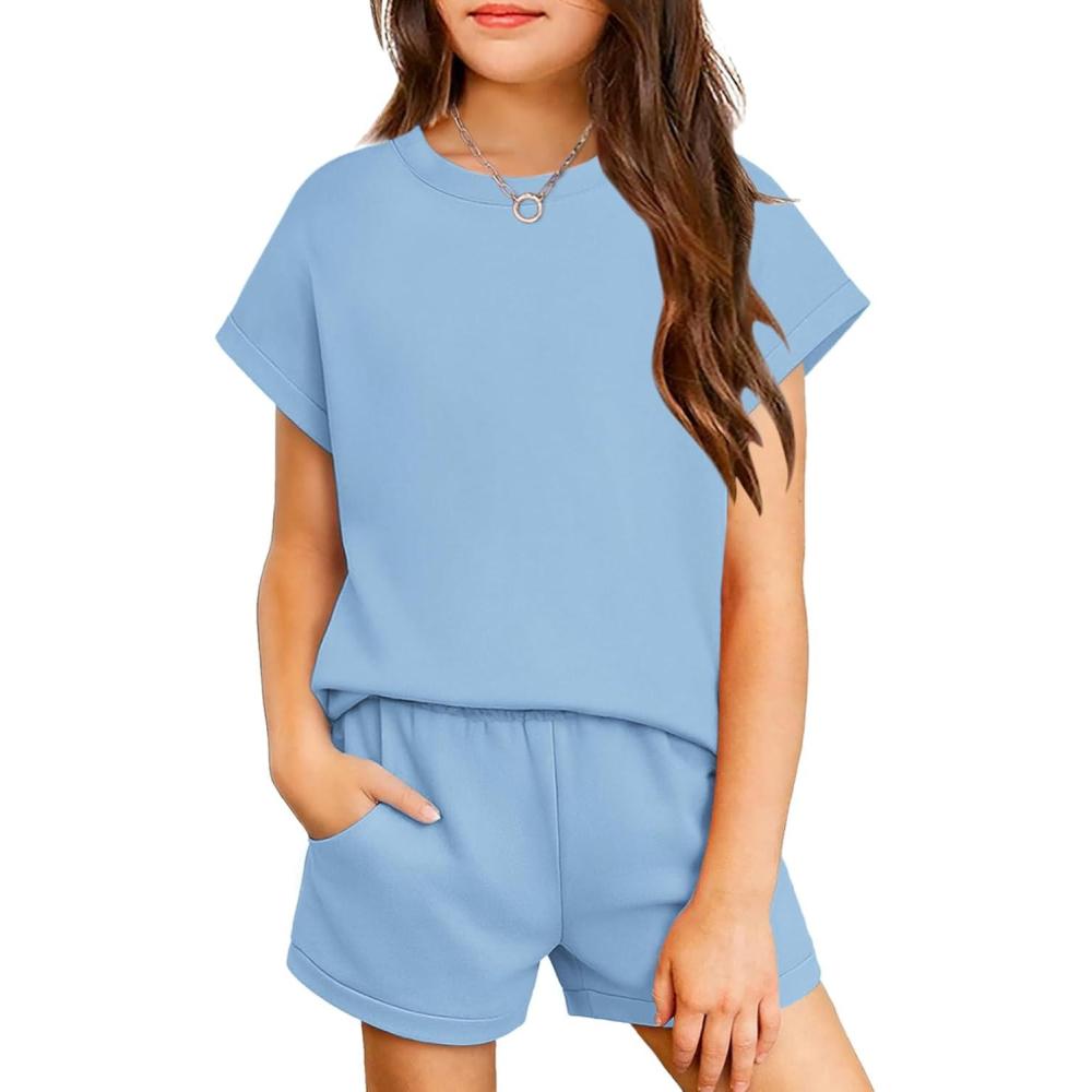 image:imageArshiner Girls Summer 2 Piece Outfits Short Sleeve T Shirts Top and Shorts Clothing Sets with PocketsBlue