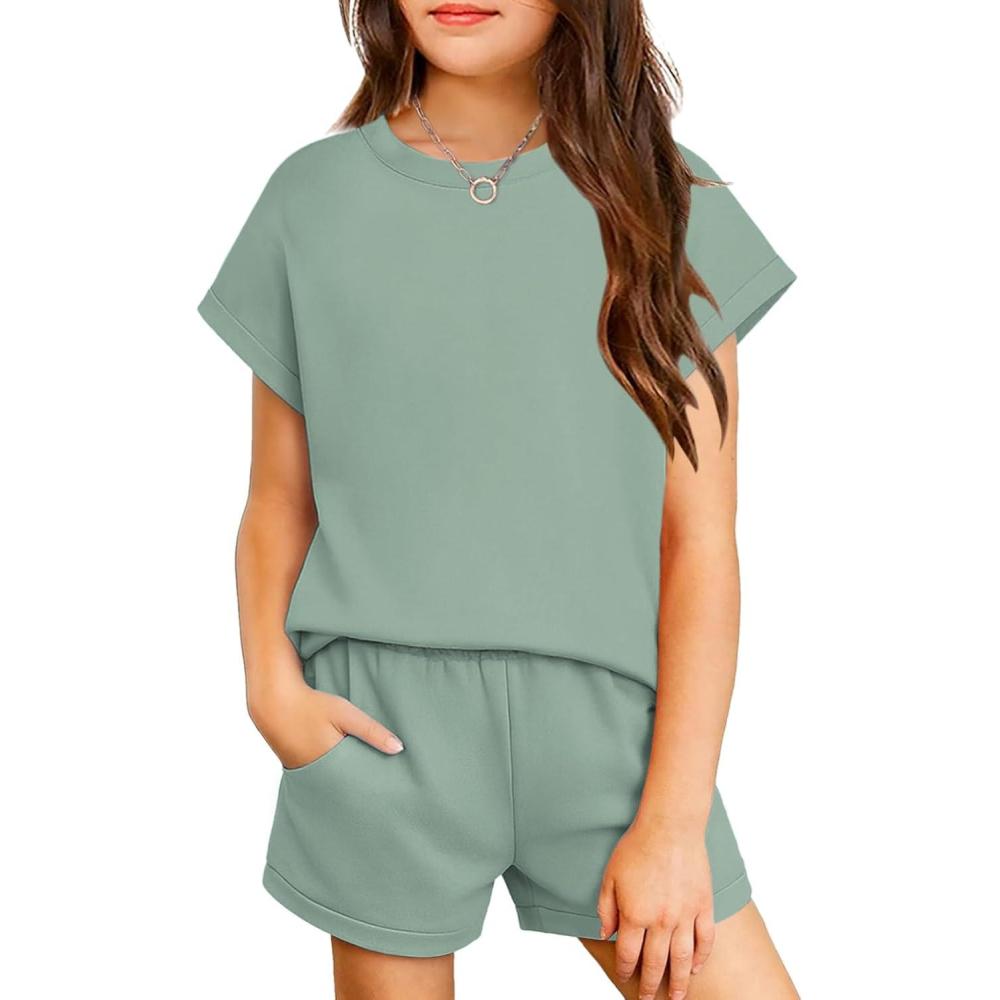 image:imageArshiner Girls Summer 2 Piece Outfits Short Sleeve T Shirts Top and Shorts Clothing Sets with PocketsLight Green
