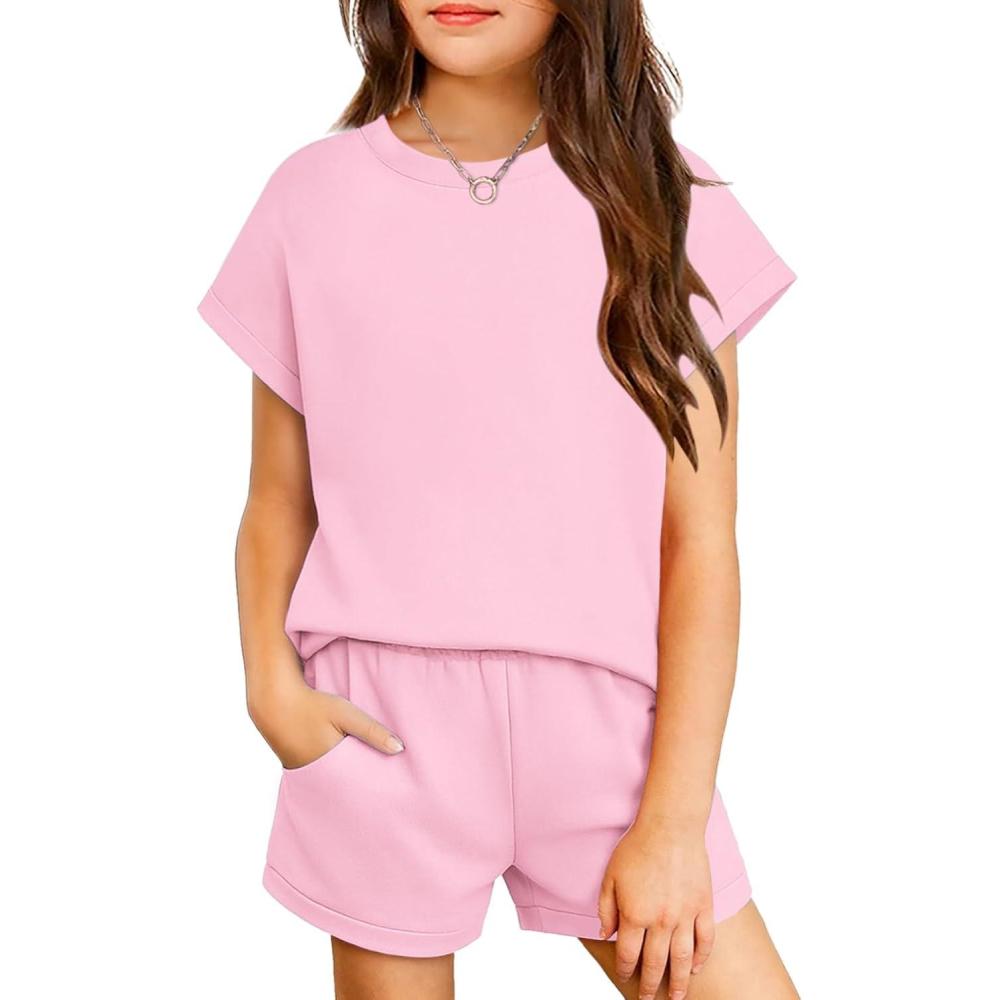 image:imageArshiner Girls Summer 2 Piece Outfits Short Sleeve T Shirts Top and Shorts Clothing Sets with PocketsPink