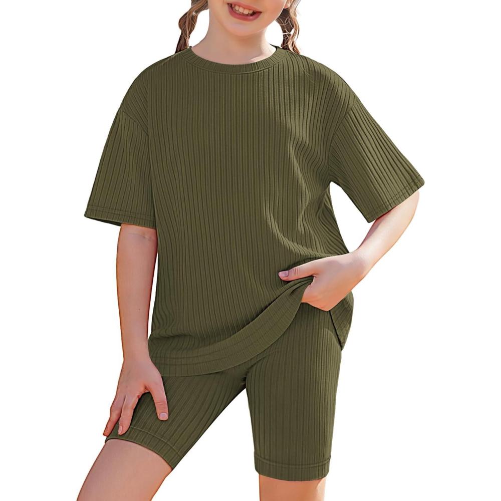 image:imageArshiner Girls Summer Outfits 2 Piece Set Ribbed Knit Drop Shoulder Shirts and Biker Shorts Sets Kids Clothes 513 YArmy Green