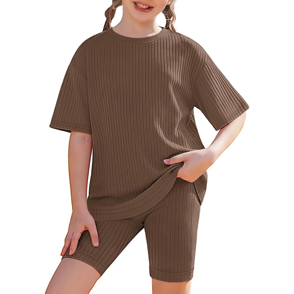 image:imageArshiner Girls Summer Outfits 2 Piece Set Ribbed Knit Drop Shoulder Shirts and Biker Shorts Sets Kids Clothes 513 YBrown