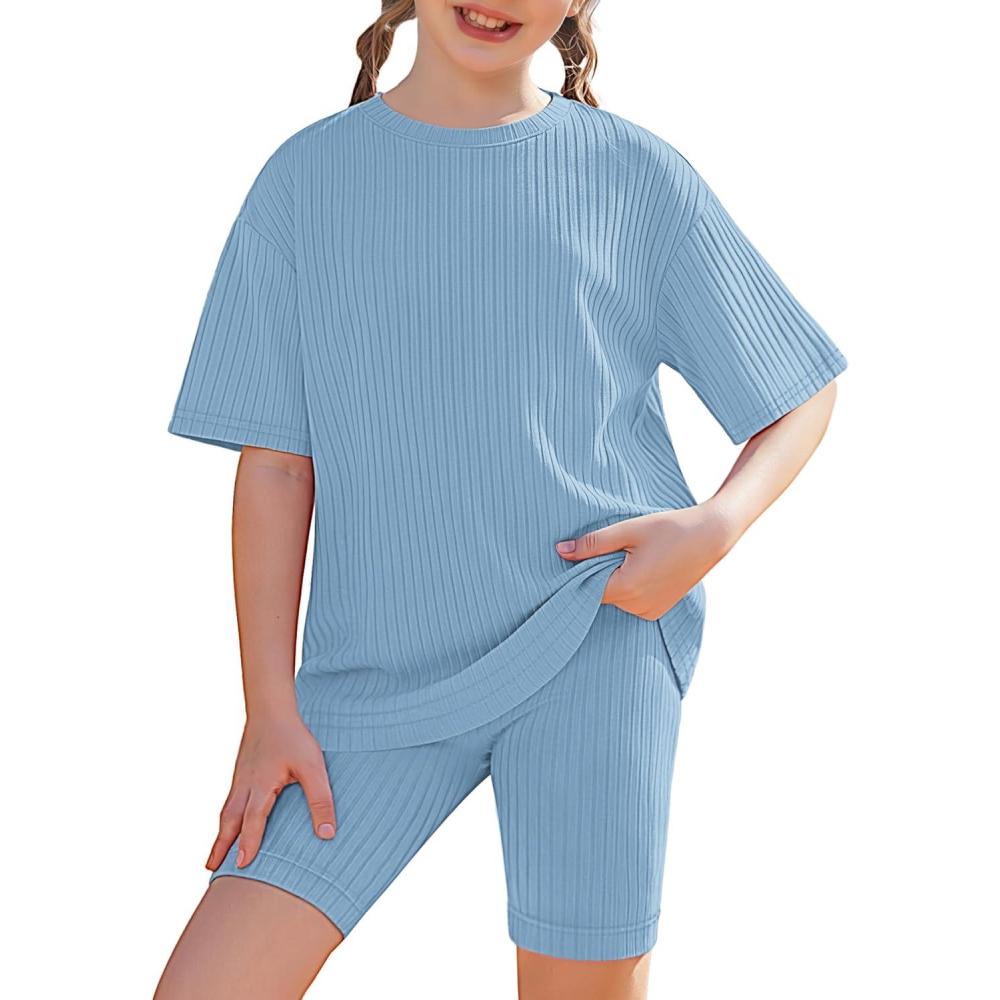 image:imageArshiner Girls Summer Outfits 2 Piece Set Ribbed Knit Drop Shoulder Shirts and Biker Shorts Sets Kids Clothes 513 YLight Blue