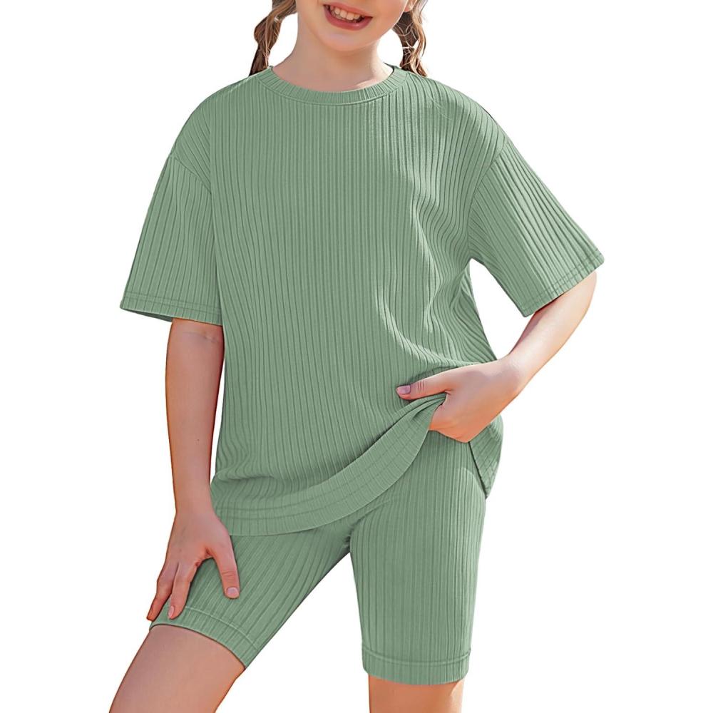 image:imageArshiner Girls Summer Outfits 2 Piece Set Ribbed Knit Drop Shoulder Shirts and Biker Shorts Sets Kids Clothes 513 YLight Green