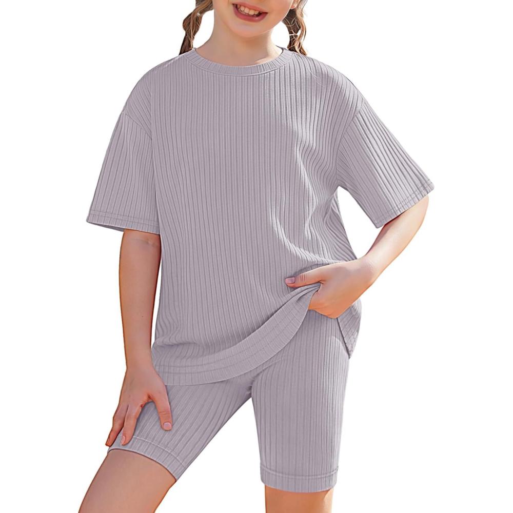 image:imageArshiner Girls Summer Outfits 2 Piece Set Ribbed Knit Drop Shoulder Shirts and Biker Shorts Sets Kids Clothes 513 YLight Grey