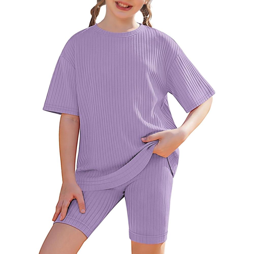 image:imageArshiner Girls Summer Outfits 2 Piece Set Ribbed Knit Drop Shoulder Shirts and Biker Shorts Sets Kids Clothes 513 YLilac