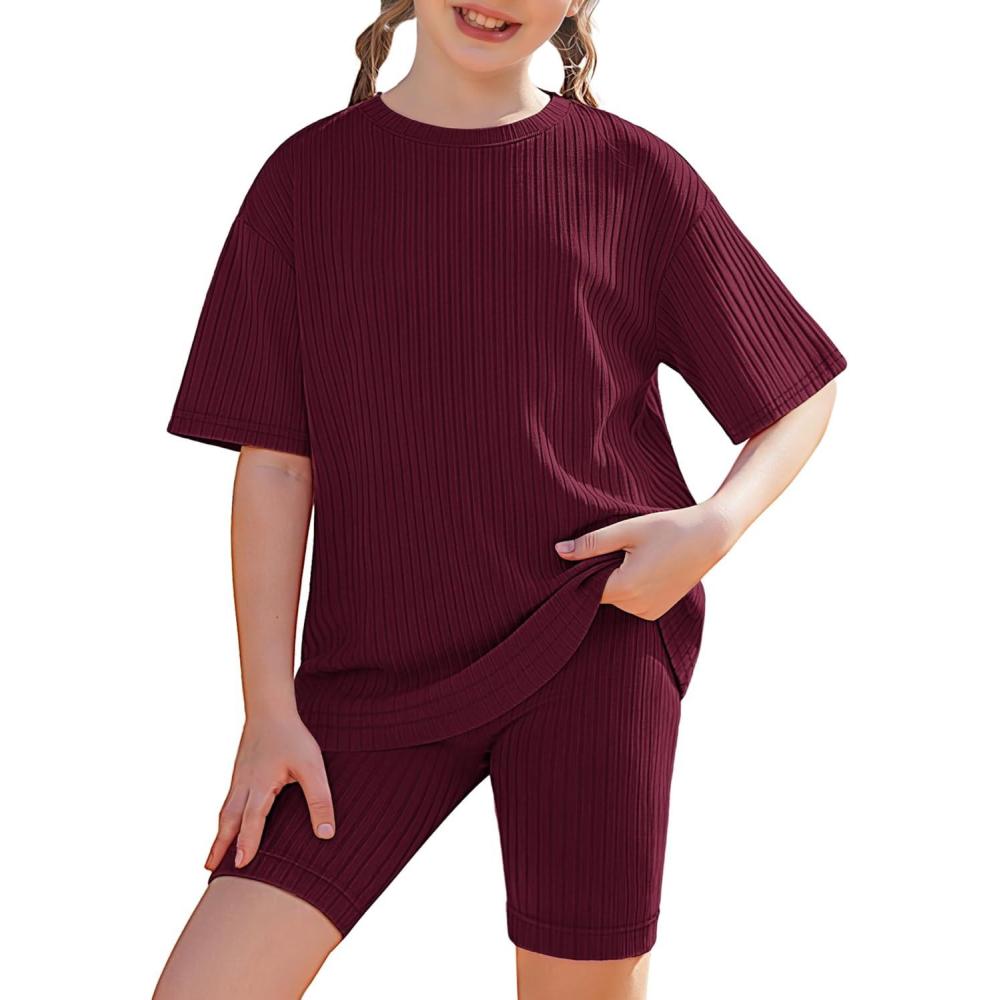 image:imageArshiner Girls Summer Outfits 2 Piece Set Ribbed Knit Drop Shoulder Shirts and Biker Shorts Sets Kids Clothes 513 YWine Red