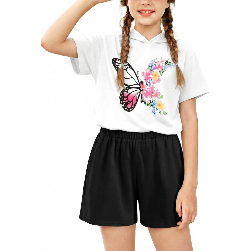 image:imageArshiner Girls Tie Dye Two Piece Outfit Short Sleeve Pullover Crop Tops and Short Pants Sweatsuits TracksuitsButterfly