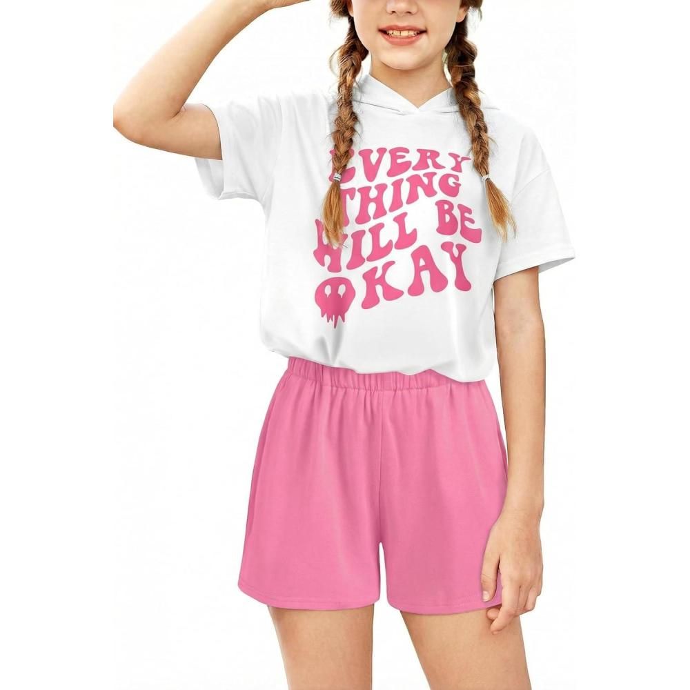 image:imageArshiner Girls Tie Dye Two Piece Outfit Short Sleeve Pullover Crop Tops and Short Pants Sweatsuits TracksuitsLetter Print