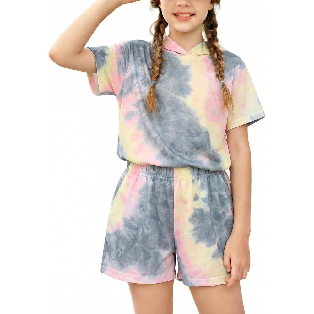image:imageArshiner Girls Tie Dye Two Piece Outfit Short Sleeve Pullover Crop Tops and Short Pants Sweatsuits TracksuitsPinkgrey