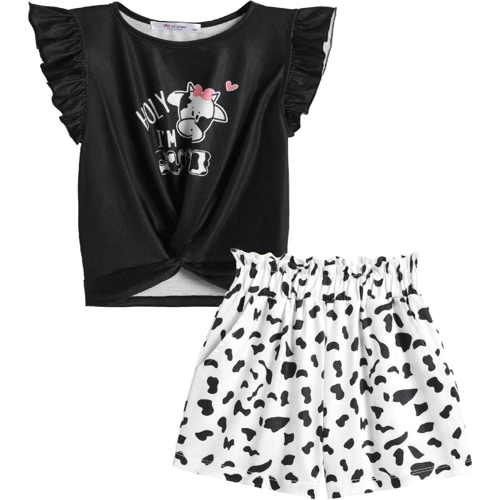 image:imageArshiner Toddler Girl 2 Piece Short Sets Baby Girls FloralPrint Clothes Twist Front Top and Short with Pocket Summer OutfitsCow Print