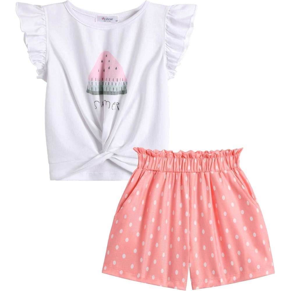 image:imageArshiner Toddler Girl 2 Piece Short Sets Baby Girls FloralPrint Clothes Twist Front Top and Short with Pocket Summer OutfitsPink