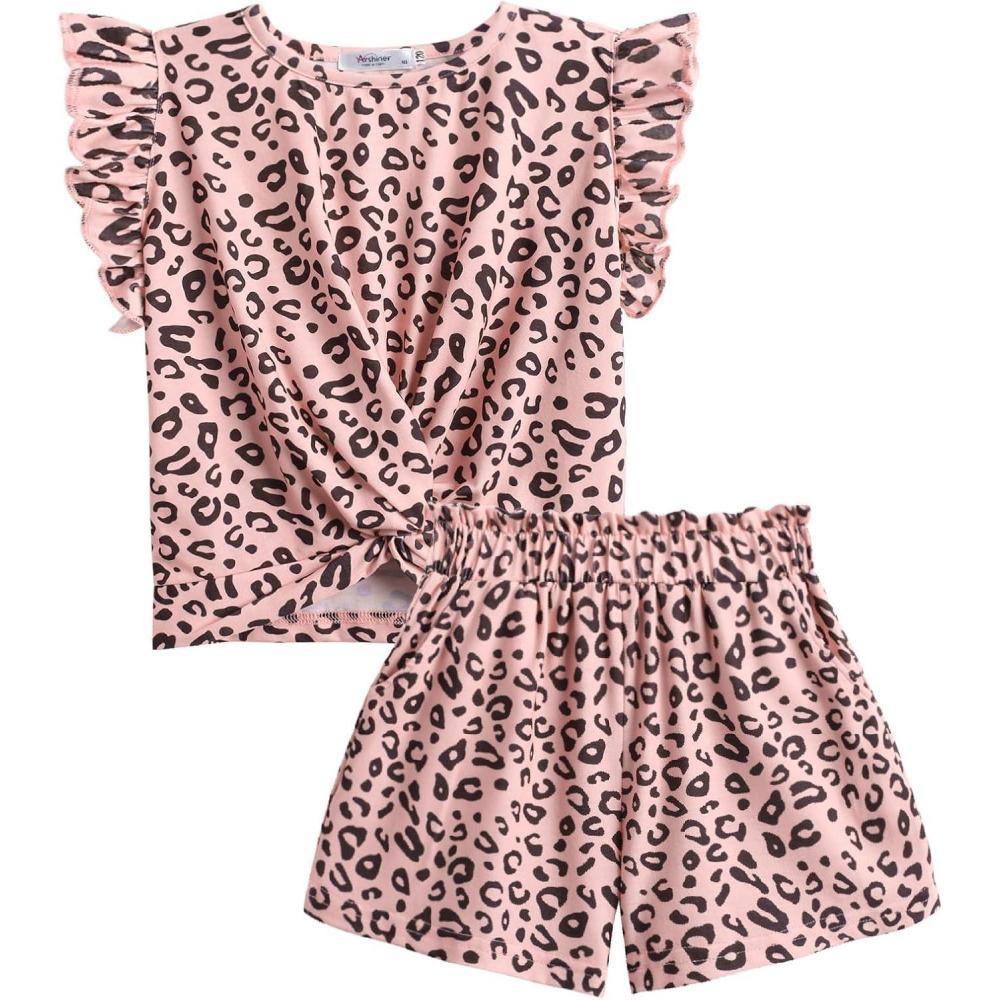 image:imageArshiner Toddler Girl 2 Piece Short Sets Baby Girls FloralPrint Clothes Twist Front Top and Short with Pocket Summer OutfitsPink Leopard Print