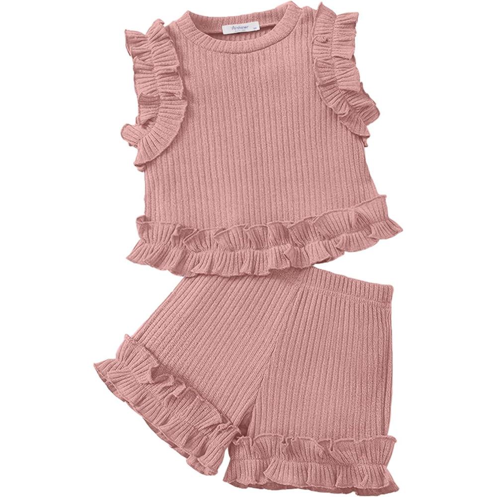 image:imageArshiner Toddler Girls Clothes Ribbed Knit Ruffle Sleeveless Tops and Shorts with Pockets Cute Summer 2 Pieces Short SetsPink