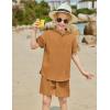Arshiner Boy’s 2 Pieces Linen Sets Short Sleeve Henley Shirt and Shorts Summer Beach Matching Outfits 4-12 Years(Light Brown)