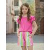 Arshiner Girls 2 Piece Outfits Summer Ruffle Sleeve Top and Paperbag Waist Shorts Set with Pockets Size 5-13 Years(Pink Stripe)