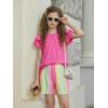 Arshiner Girls 2 Piece Outfits Summer Ruffle Sleeve Top and Paperbag Waist Shorts Set with Pockets Size 5-13 Years(Pink Stripe)