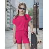 Arshiner Girls Summer 2 Piece Outfits Short Sleeve T Shirts Top and Shorts Clothing Sets with Pockets(Rose Red)