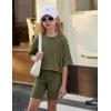 Arshiner Girls Summer Outfits 2 Piece Set Ribbed Knit Drop Shoulder Shirts and Biker Shorts Sets Kids Clothes 5-13 Y(Army Green)