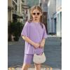 Arshiner Girls Summer Outfits 2 Piece Set Ribbed Knit Drop Shoulder Shirts and Biker Shorts Sets Kids Clothes 5-13 Y(Lilac)