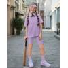 Arshiner Girls Summer Outfits 2 Piece Set Ribbed Knit Drop Shoulder Shirts and Biker Shorts Sets Kids Clothes 5-13 Y(Lilac)