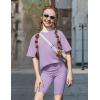 Arshiner Girls Summer Outfits 2 Piece Set Ribbed Knit Drop Shoulder Shirts and Biker Shorts Sets Kids Clothes 5-13 Y(Lilac)