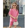 Arshiner Girls Summer Outfits 2 Piece Set Ribbed Knit Drop Shoulder Shirts and Biker Shorts Sets Kids Clothes 5-13 Y(Rose Pink)