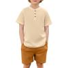 Arshiner Boys Summer Clothing Sets 3-button Short Sleeve Tee and Shorts Casual Outfits for 5-12 Years(Cream & Brown)
