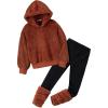 Arshiner Girls 2 Piece Outfits Fuzzy Long Sleeve Hoodie Sweatshirts and Patchwork Legging Pants Casual Clothing Sets(Brown)