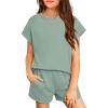 Arshiner Girls Summer 2 Piece Outfits Short Sleeve T Shirts Top and Shorts Clothing Sets with Pockets(Light Green)
