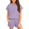 Arshiner Girls Summer 2 Piece Outfits Short Sleeve T Shirts Top and Shorts Clothing Sets with Pockets(Purple)