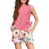 Arshiner Girls Summer Clothing Sets 2 Piece Outfits Knit Ruched Knot Side Tank Top and High Waist Shorts with Pockets(Pink Flower)