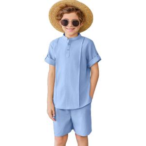 Arshiner Boy’s 2 Pieces Linen Sets Short Sleeve Henley Shirt and Shorts Summer Beach Matching Outfits 4-12 Years(Light Blue)