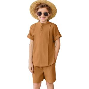 Arshiner Boy’s 2 Pieces Linen Sets Short Sleeve Henley Shirt and Shorts Summer Beach Matching Outfits 4-12 Years(Light Brown)