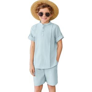 Arshiner Boy’s 2 Pieces Linen Sets Short Sleeve Henley Shirt and Shorts Summer Beach Matching Outfits 4-12 Years(Pale Blue)