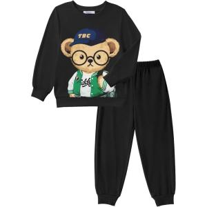 Arshiner Boys 2-Piece Teddy Bear Print Sweatshirt and Sweatpants Set – Cool Black Fall Winter Outfit 5-6 Years