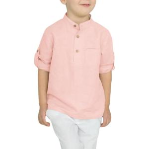 Arshiner Boys Cotton Linen Henley Shirt Button Down Shirt Long Sleeve T Shirt Beach Shirt Tee Casual Solid Tops(Light Pink)