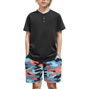 Arshiner Boys Summer Clothing Sets 3-button Short Sleeve Tee and Shorts Casual Outfits for 5-12 Years(Black & Blue Camo)